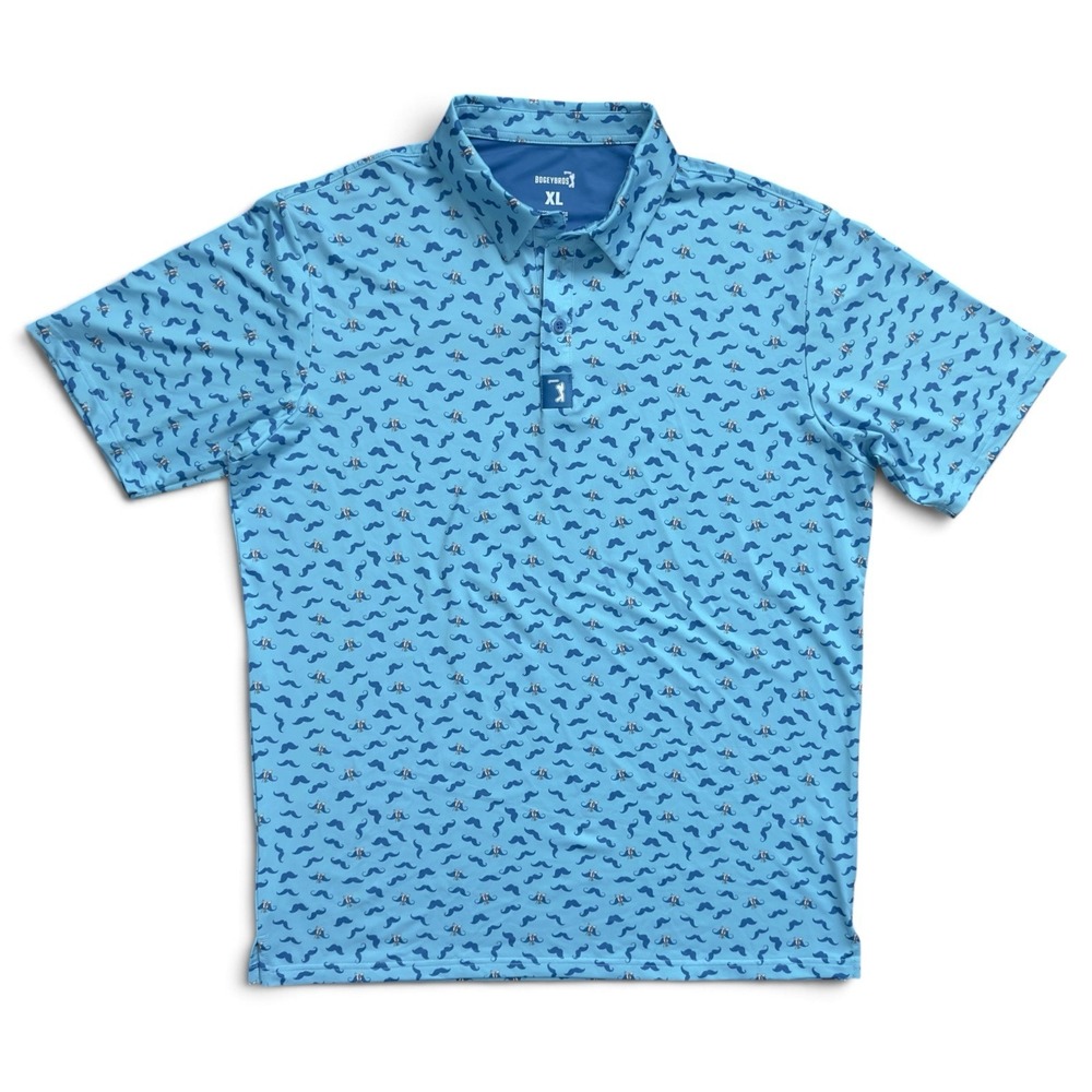 Bogey Bros Golf Polo Blue Mustache Ride Short Sleeve Performance Mens Shirt XL